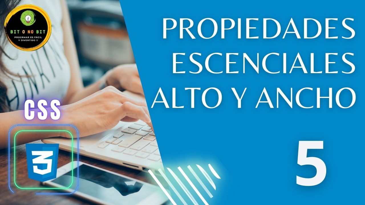 Cartel educativo sobre CSS manos de mujer en un teclado y el logo de CSS3, logotipo Bit o No Bit y título 