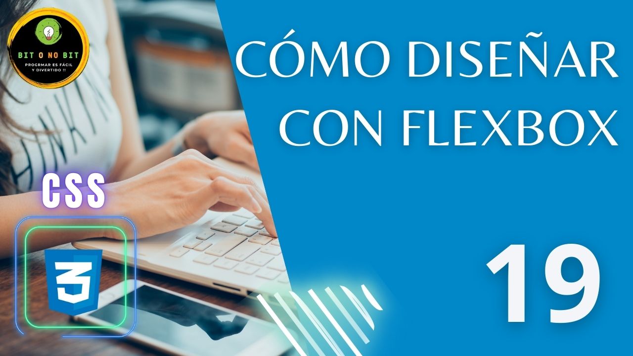 Cartel educativo sobre CSS manos de mujer en un teclado y el logo de CSS3, logotipo Bit o No Bit y título