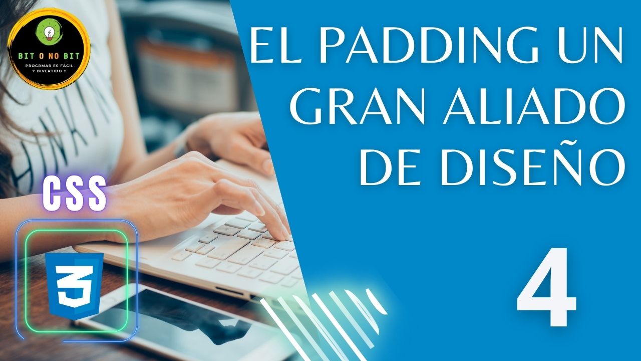 Cartel educativo sobre CSS manos de mujer en un teclado y el logo de CSS3, logotipo Bit o No Bit y título 
