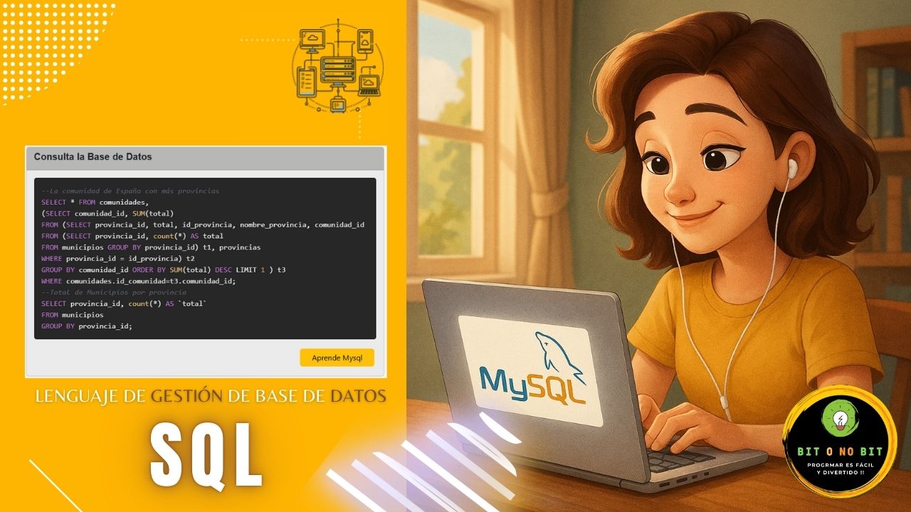 Curso SQL y MySQL para principiantes. Imagen con consultas SQL en pantalla, título 'Lenguaje de gestión de base de datos SQL' y una joven programadora usando un portátil. Material de Bit o no Bit para aprender bases de datos desde cero.