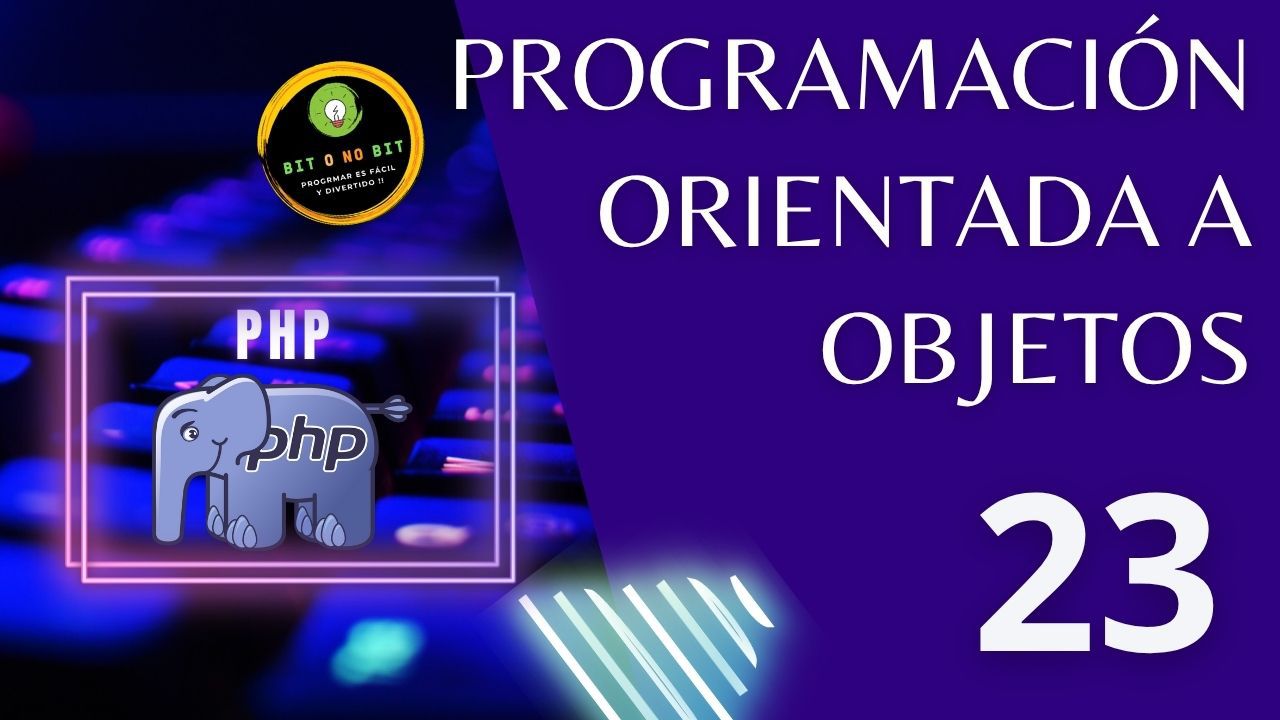 Cartel educativo sobre PHP con un teclado retroiluminado y el logo de PHP con tonos violetas, logotipo Bit o No Bit y el título