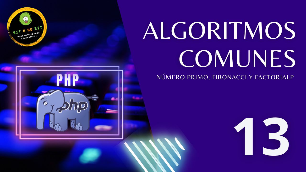 Cartel educativo sobre PHP con un teclado retroiluminado y el logo de PHP con tonos violetas, logotipo Bit o No Bit y el título