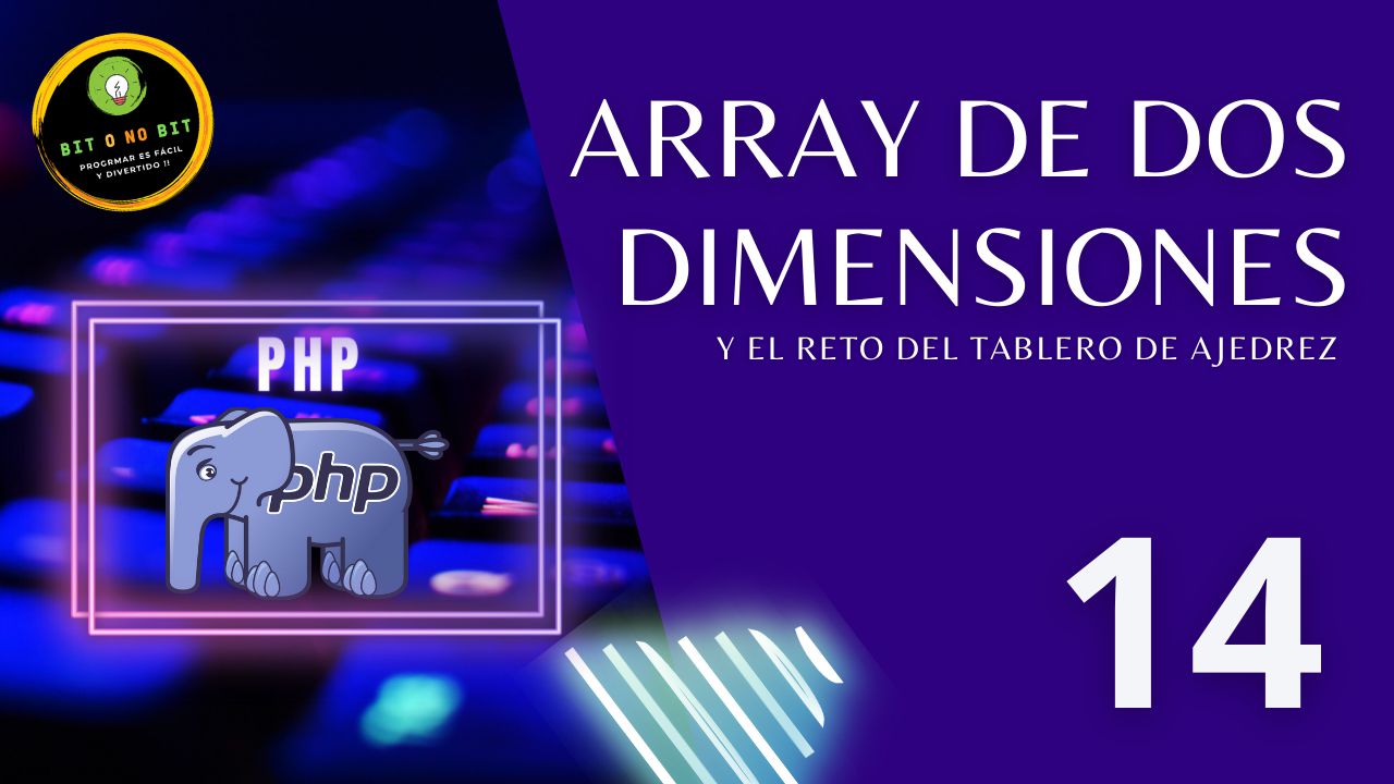 Cartel educativo sobre PHP con un teclado retroiluminado y el logo de PHP con tonos violetas, logotipo Bit o No Bit y el título