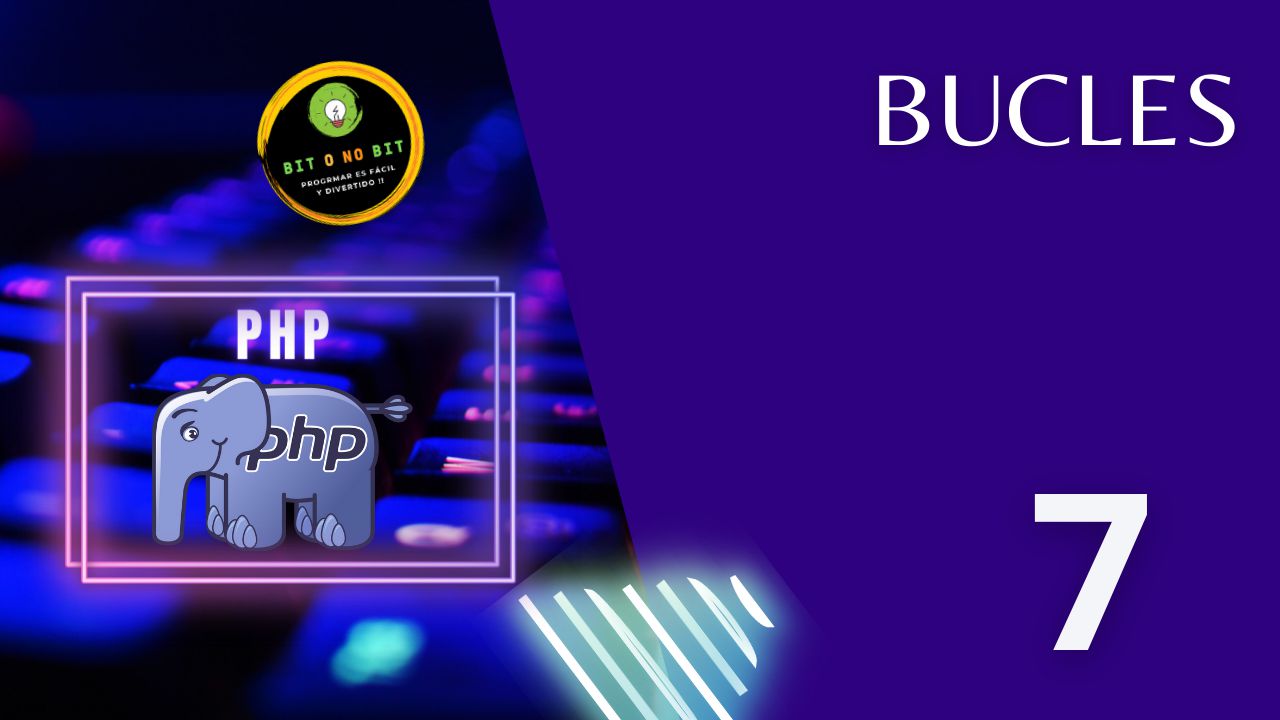 Cartel educativo sobre PHP con un teclado retroiluminado y el logo de PHP con tonos violetas, logotipo Bit o No Bit y el título