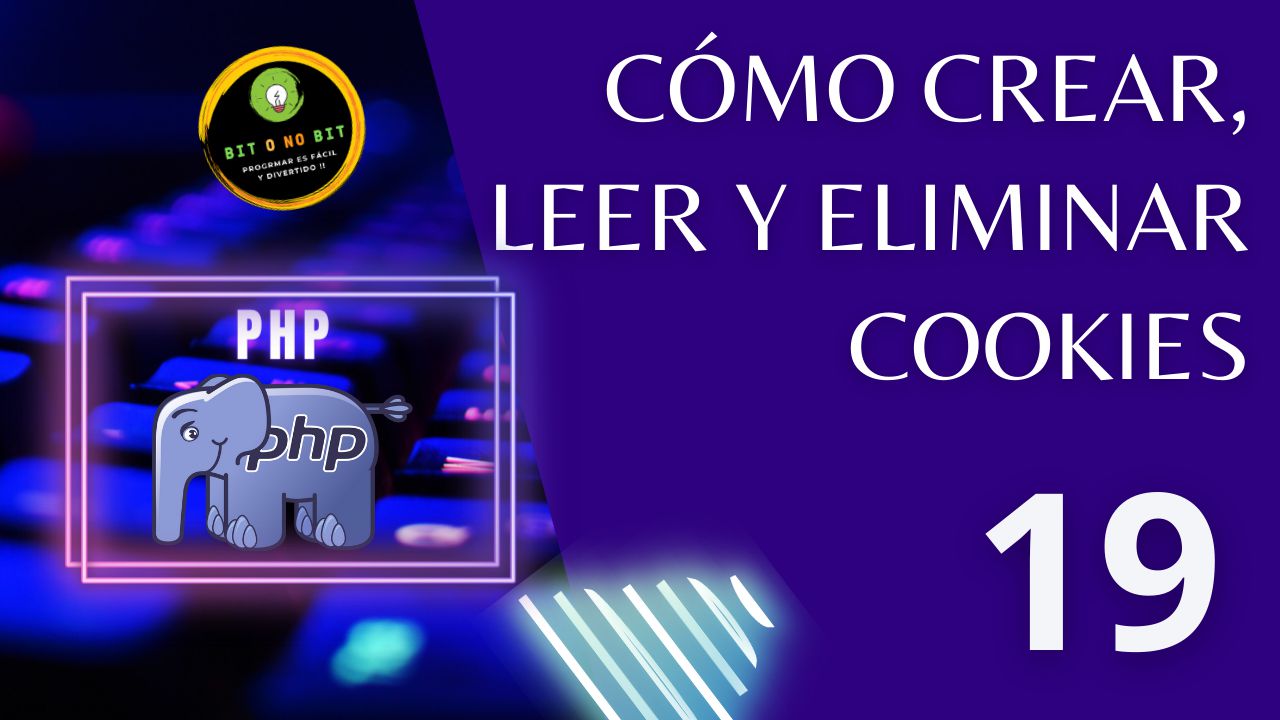 Cartel educativo sobre PHP con un teclado retroiluminado y el logo de PHP con tonos violetas, logotipo Bit o No Bit y el título