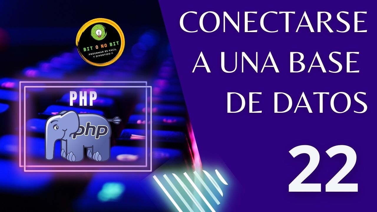 Cartel educativo sobre PHP con un teclado retroiluminado y el logo de PHP con tonos violetas, logotipo Bit o No Bit y el título