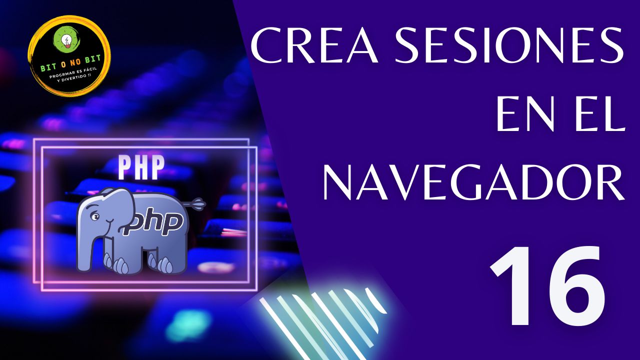 Cartel educativo sobre PHP con un teclado retroiluminado y el logo de PHP con tonos violetas, logotipo Bit o No Bit y el título