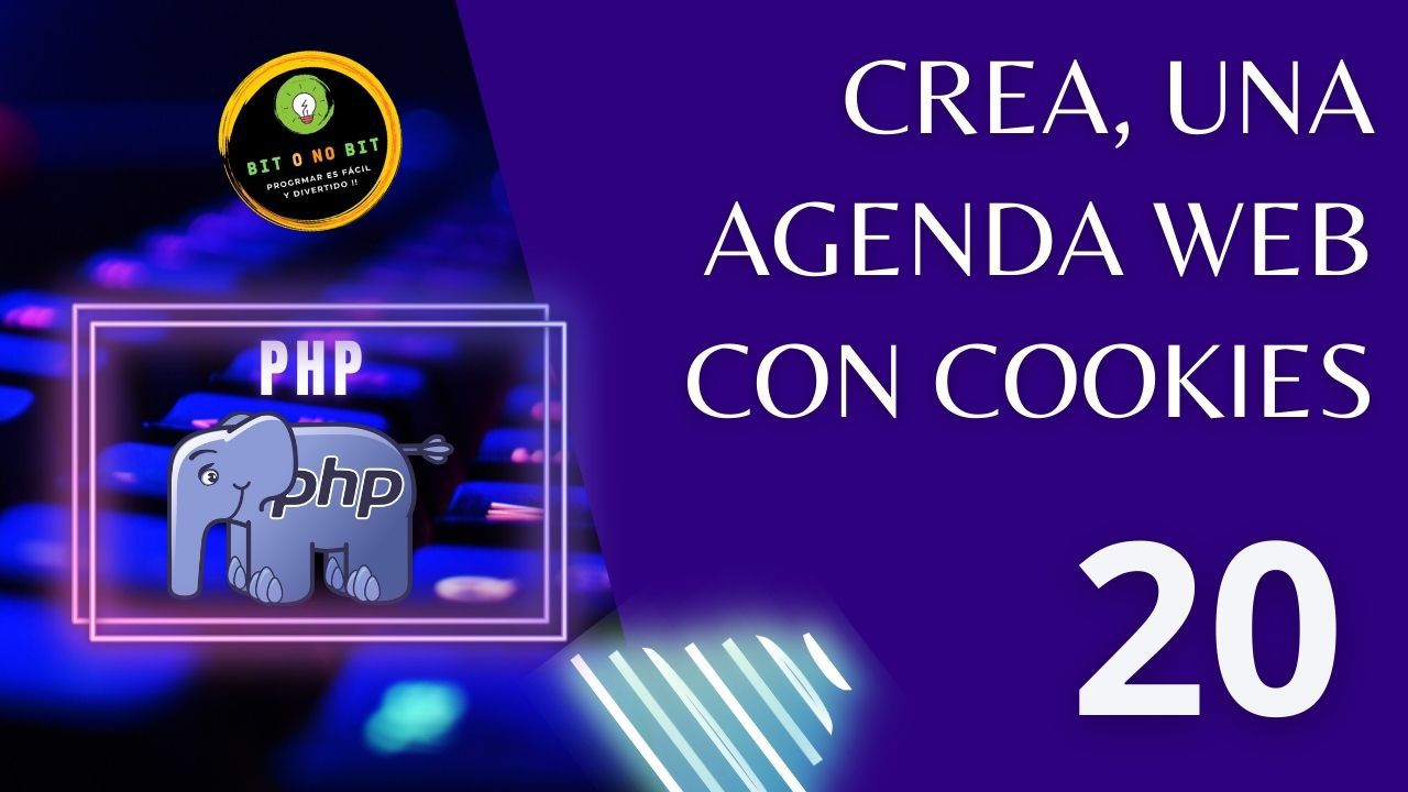 Cartel educativo sobre PHP con un teclado retroiluminado y el logo de PHP con tonos violetas, logotipo Bit o No Bit y el título