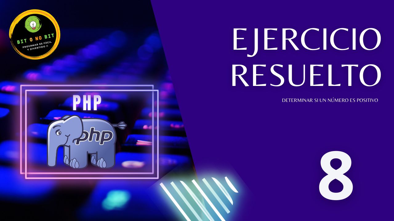 Cartel educativo sobre PHP con un teclado retroiluminado y el logo de PHP con tonos violetas, logotipo Bit o No Bit y el título