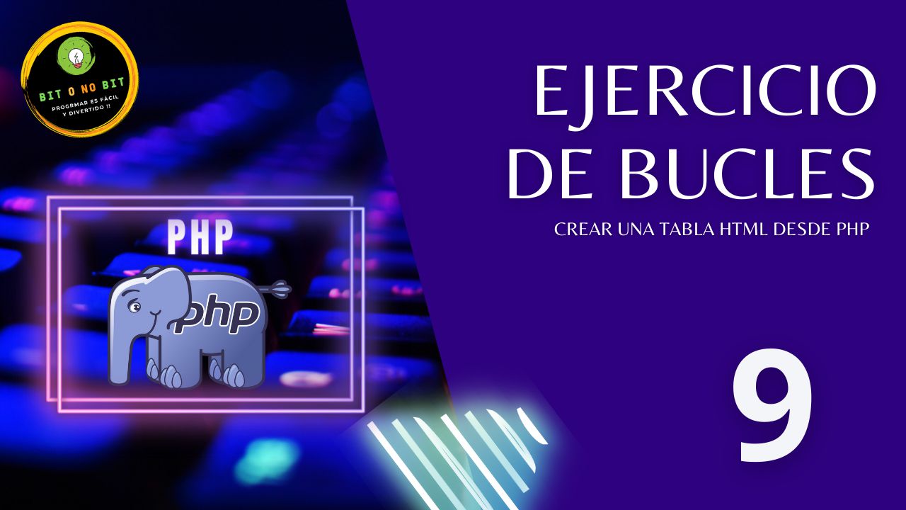 Cartel educativo sobre PHP con un teclado retroiluminado y el logo de PHP con tonos violetas, logotipo Bit o No Bit y el título