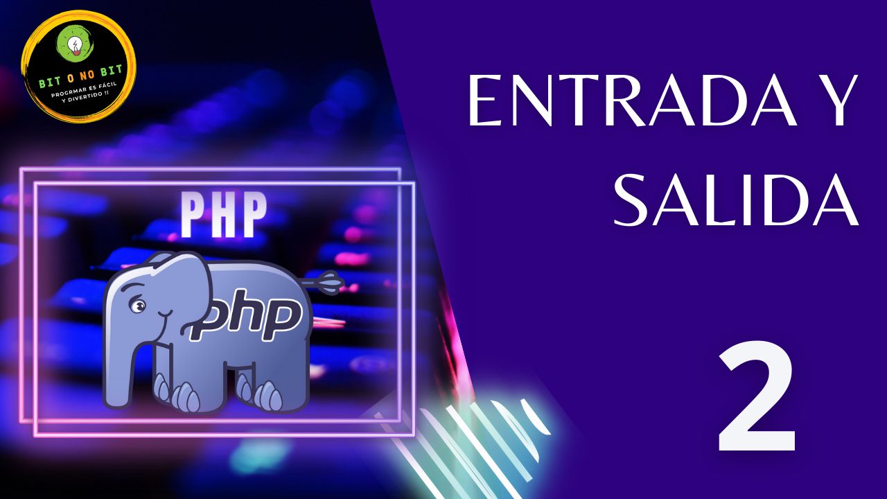 Cartel educativo sobre PHP con un teclado retroiluminado y el logo de PHP con tonos violetas, logotipo Bit o No Bit y el título