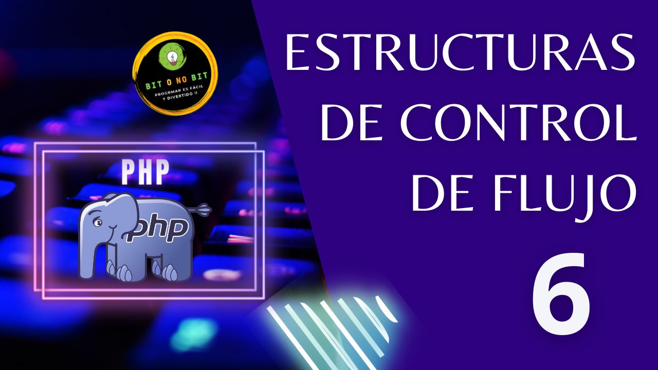 Cartel educativo sobre PHP con un teclado retroiluminado y el logo de PHP con tonos violetas, logotipo Bit o No Bit y el título
