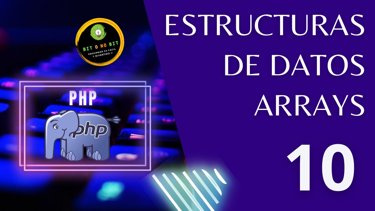 Cartel educativo sobre PHP con un teclado retroiluminado y el logo de PHP con tonos violetas, logotipo Bit o No Bit y el título
