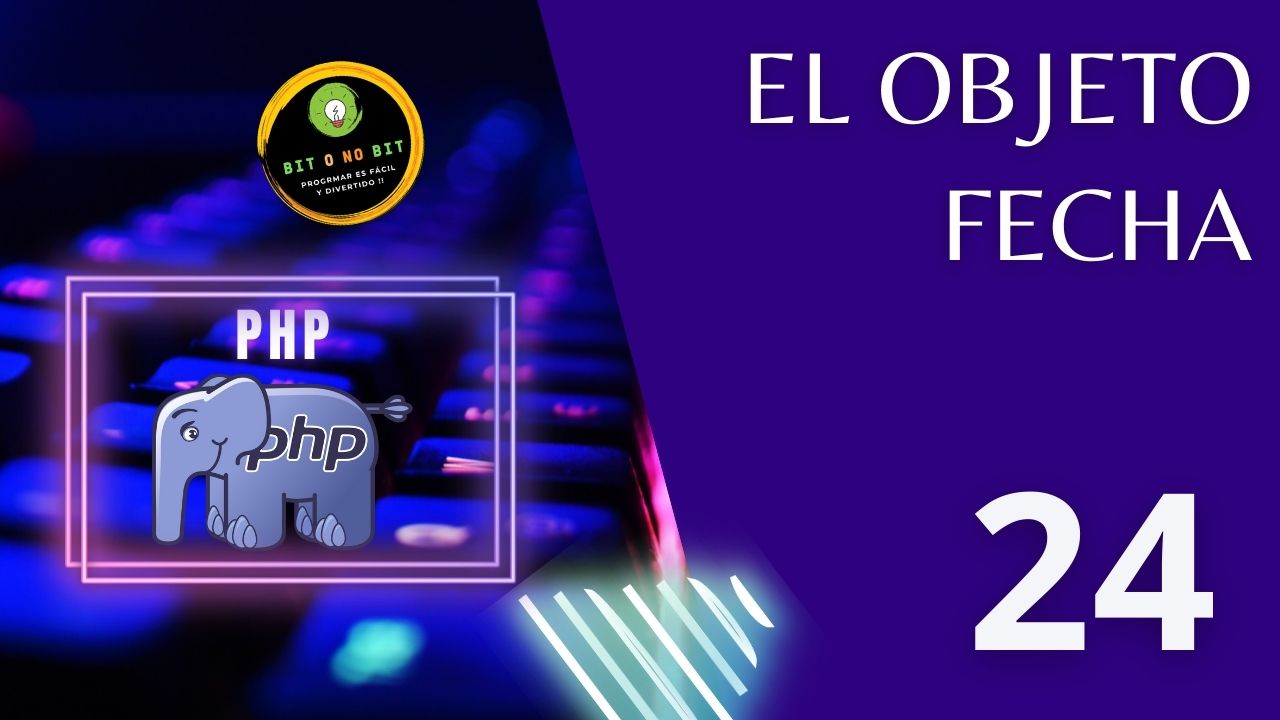 Cartel educativo sobre PHP con un teclado retroiluminado y el logo de PHP con tonos violetas, logotipo Bit o No Bit y el título