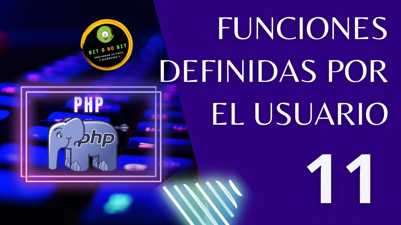 Cartel educativo sobre PHP con un teclado retroiluminado y el logo de PHP con tonos violetas, logotipo Bit o No Bit y el título