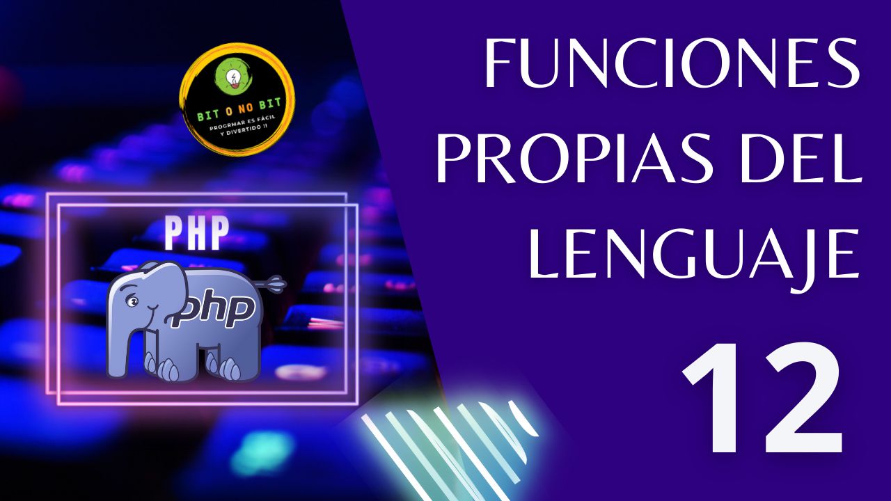 Cartel educativo sobre PHP con un teclado retroiluminado y el logo de PHP con tonos violetas, logotipo Bit o No Bit y el título