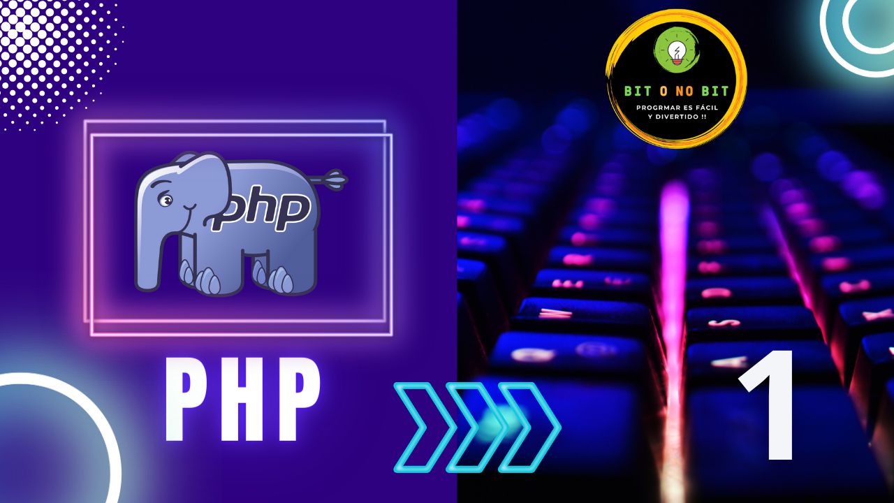 Cartel educativo sobre PHP con un teclado retroiluminado y el logo de PHP con tonos violetas, logotipo Bit o No Bit y el título