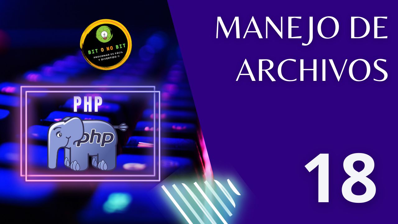 Cartel educativo sobre PHP con un teclado retroiluminado y el logo de PHP con tonos violetas, logotipo Bit o No Bit y el título 
