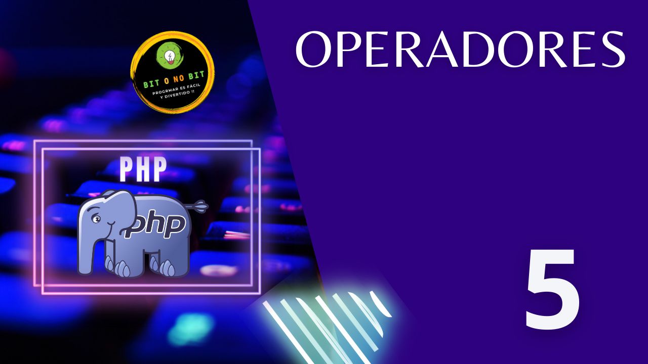 Cartel educativo sobre PHP con un teclado retroiluminado y el logo de PHP con tonos violetas, logotipo Bit o No Bit y el título