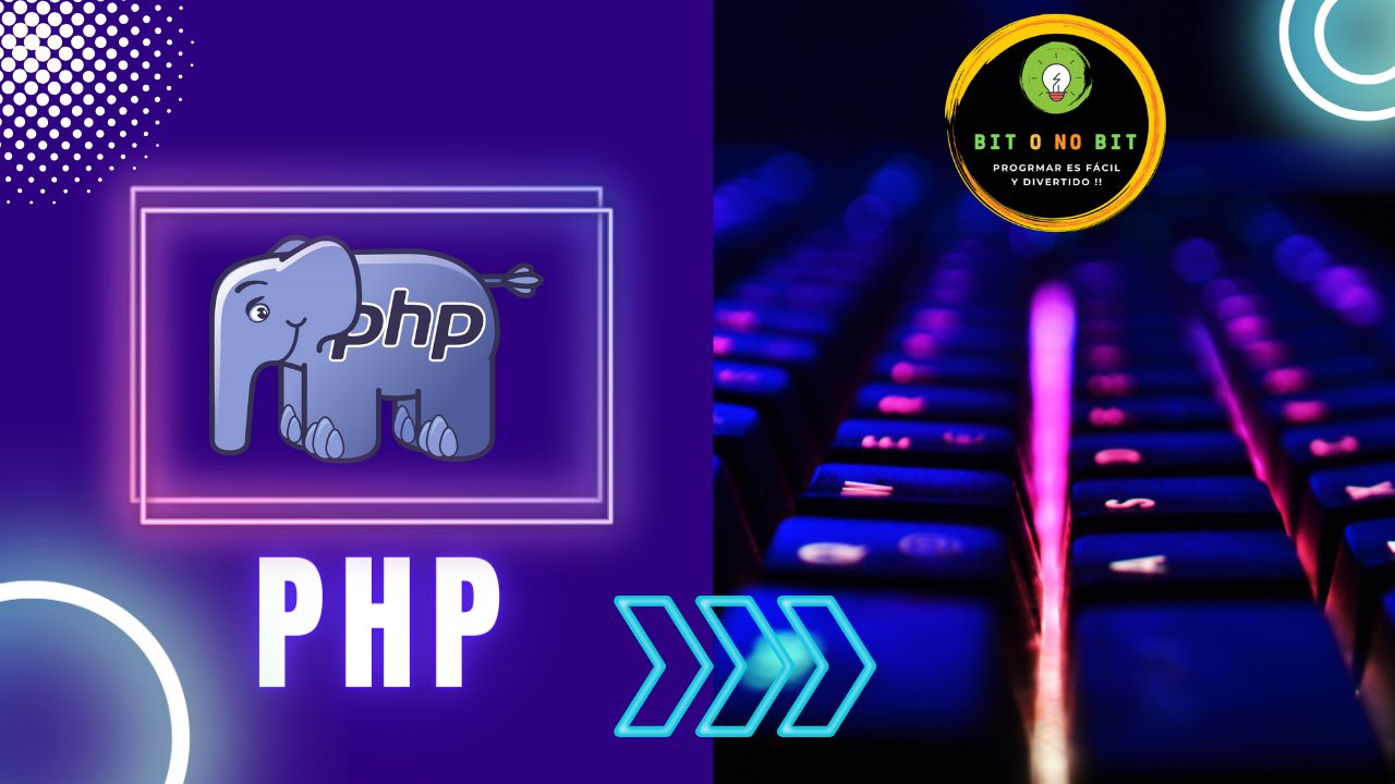 Cartel educativo sobre PHP con un teclado retroiluminado y el logo de PHP con tonos violetas, logotipo Bit o No Bit y el título