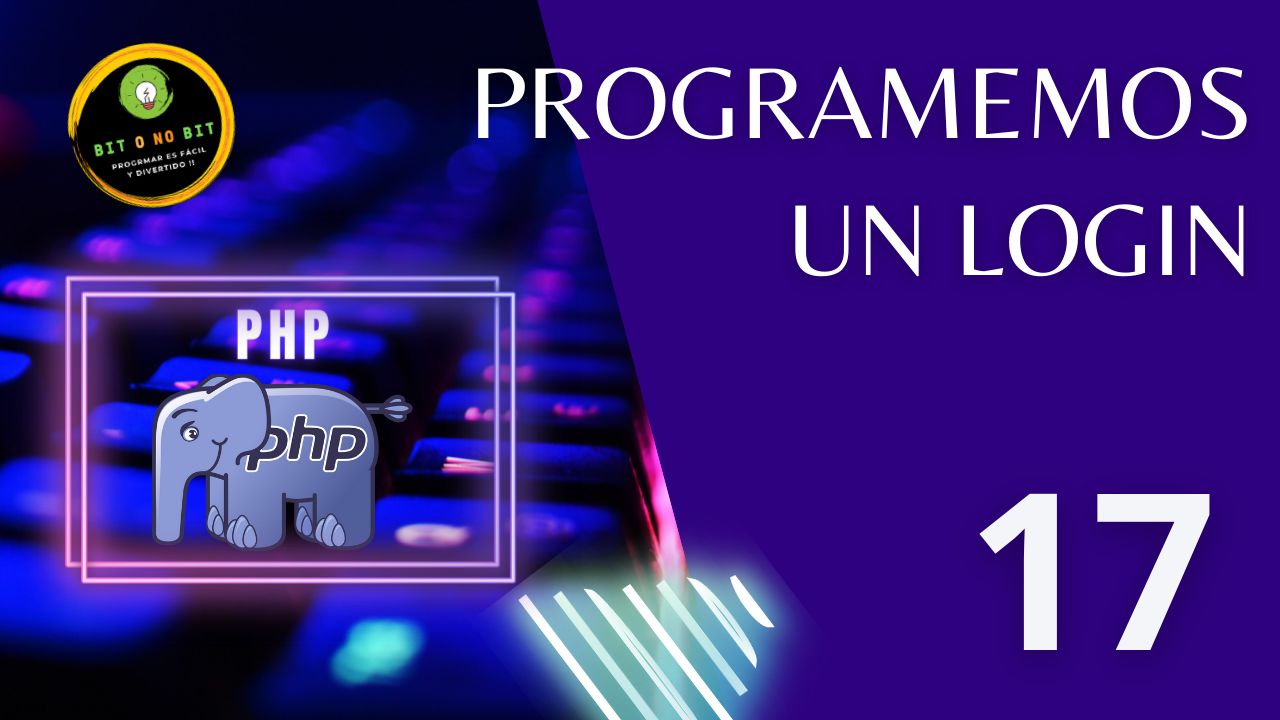 Cartel educativo sobre PHP con un teclado retroiluminado y el logo de PHP con tonos violetas, logotipo Bit o No Bit y el título 