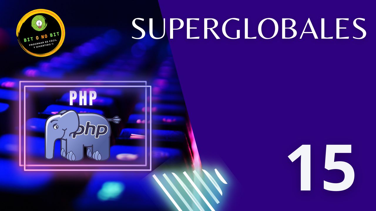 Cartel educativo sobre PHP con un teclado retroiluminado y el logo de PHP con tonos violetas, logotipo Bit o No Bit y el título