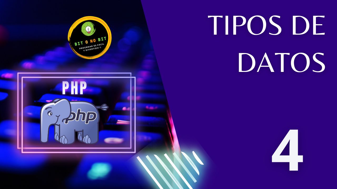 Cartel educativo sobre PHP con un teclado retroiluminado y el logo de PHP con tonos violetas, logotipo Bit o No Bit y el título