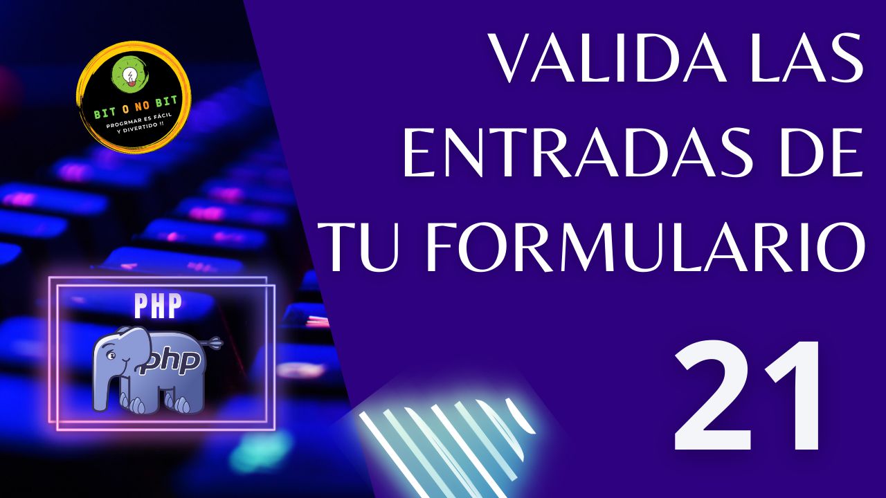 Cartel educativo sobre PHP con un teclado retroiluminado y el logo de PHP con tonos violetas, logotipo Bit o No Bit y el título