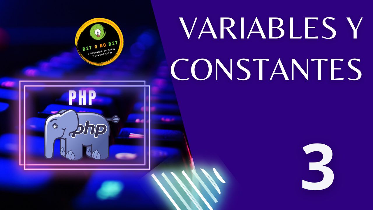 Cartel educativo sobre PHP con un teclado retroiluminado y el logo de PHP con tonos violetas, logotipo Bit o No Bit y el título